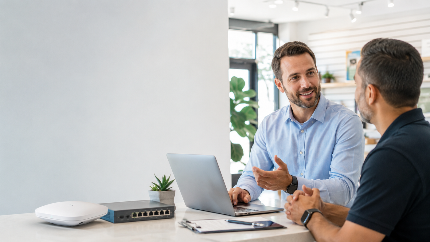 Small business owner meeting with an IT consultant about network and technology support
