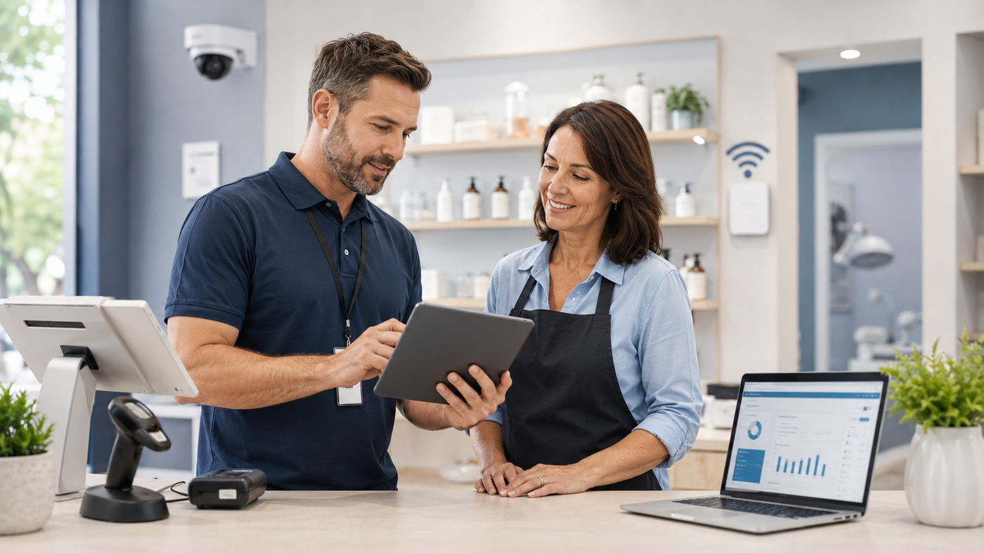 IT consultant helping a small business owner with local technology support