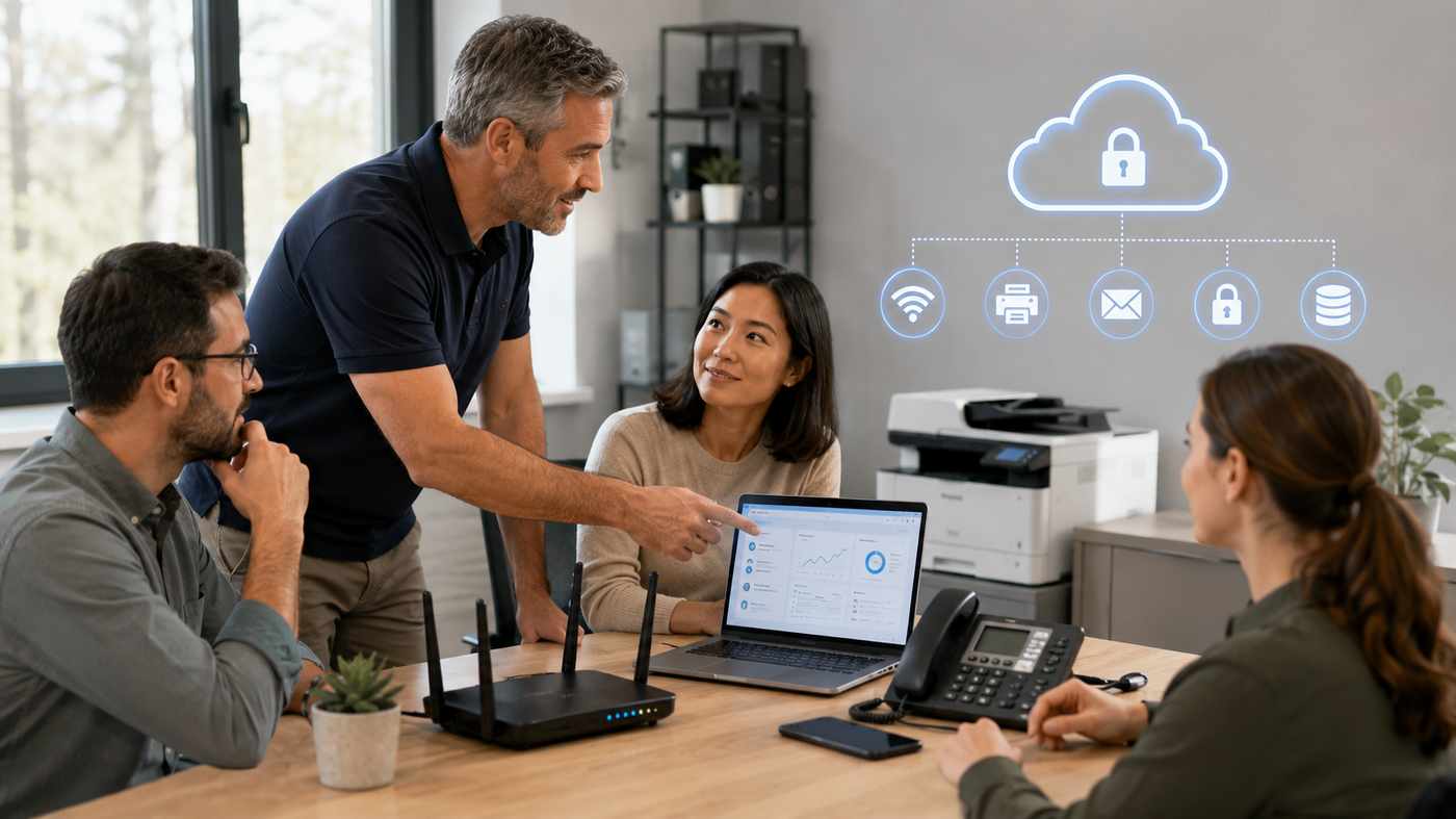 Small team reviewing IT security, Wi‑Fi, printer support, and cloud backup needs