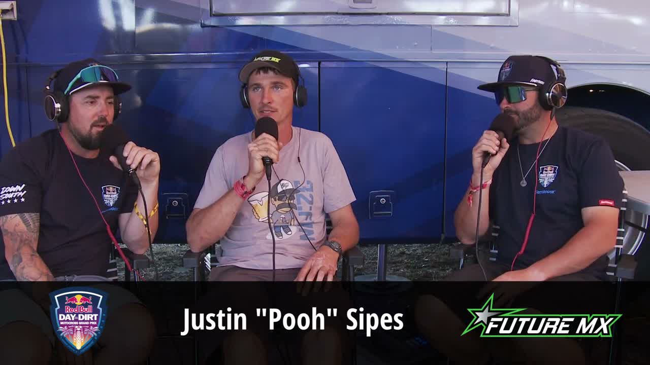 Three people with headsets and microphones outdoors at Red Bull Day in the Dirt Down South, with a name lower third and the Future MX logo