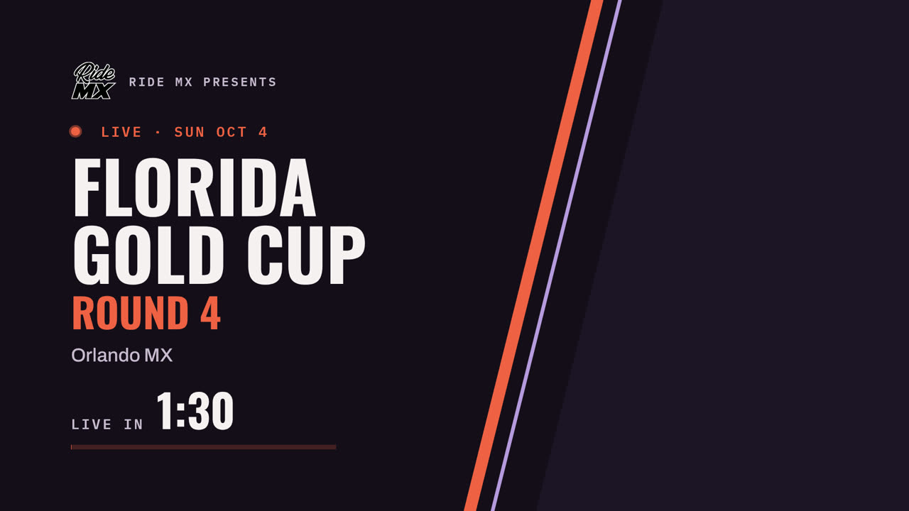 RideMX pre-show intro card: Florida Gold Cup, Round 4, Orlando MX, with a countdown to going live