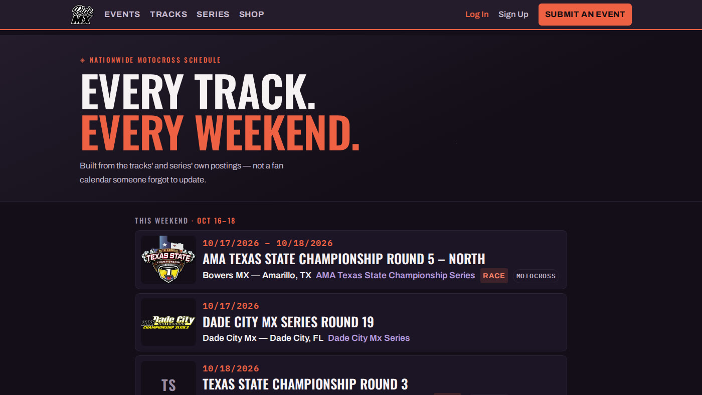 The ridemx.com homepage, built by EMAPAR: a nationwide motocross schedule listing this weekend's races